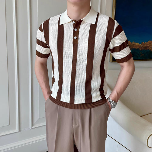 Striped Knitted Polo Shirt Men's Cool & Dashing Lapel T-Shirt